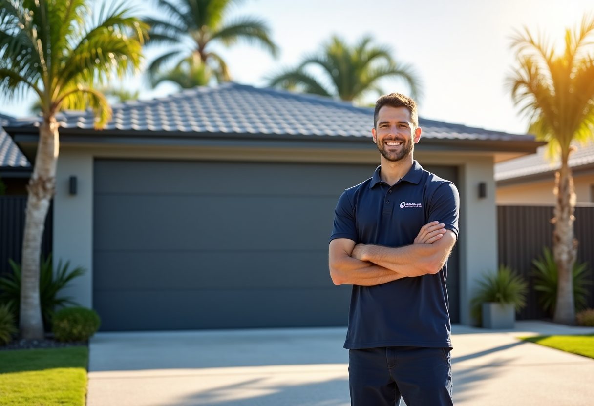 Technician beside a newly installed sectional garage door — Coolangatta
