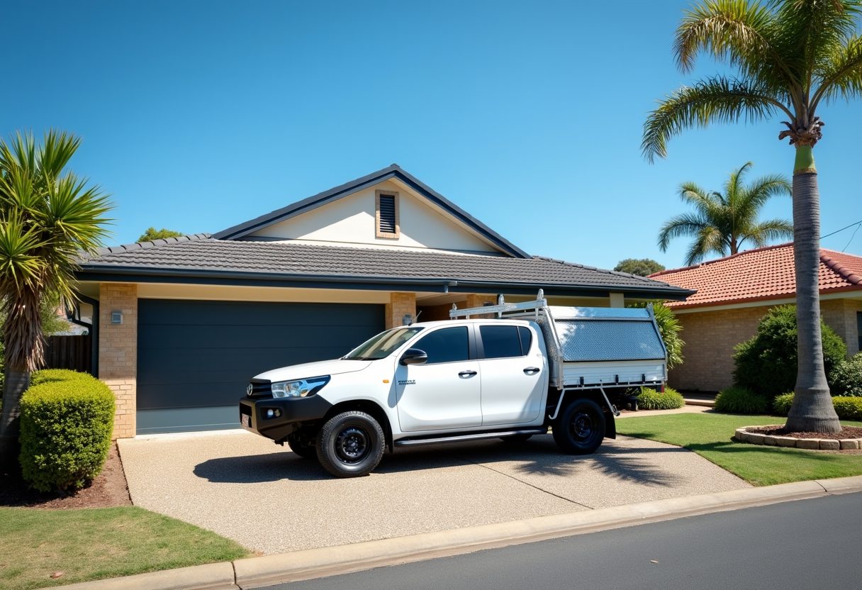 Technician ute in a driveway with a new garage door — Coolangatta